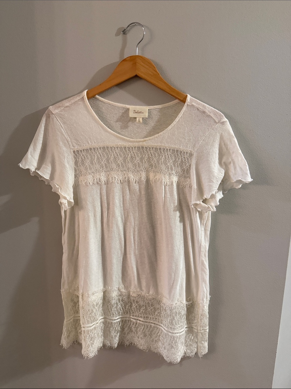 Deletta from Anthropologie Cream Lace-Trim Short Sleeve Top